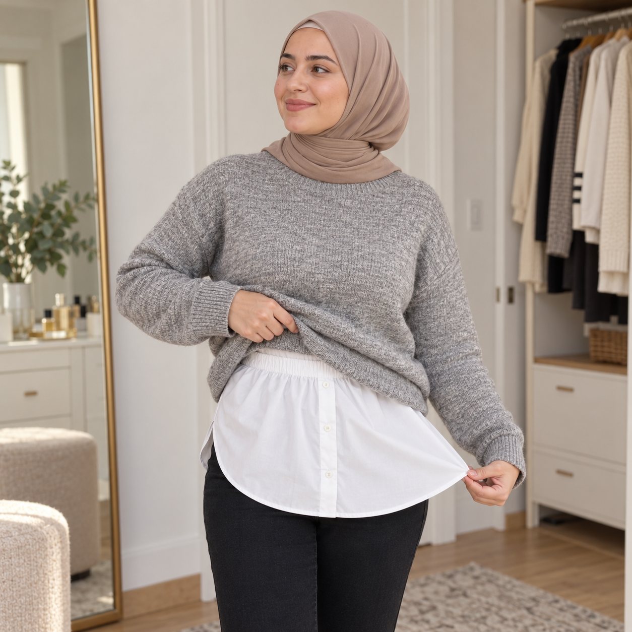 jupe القميص الأبيض تحت البلوفر مع الحجاب